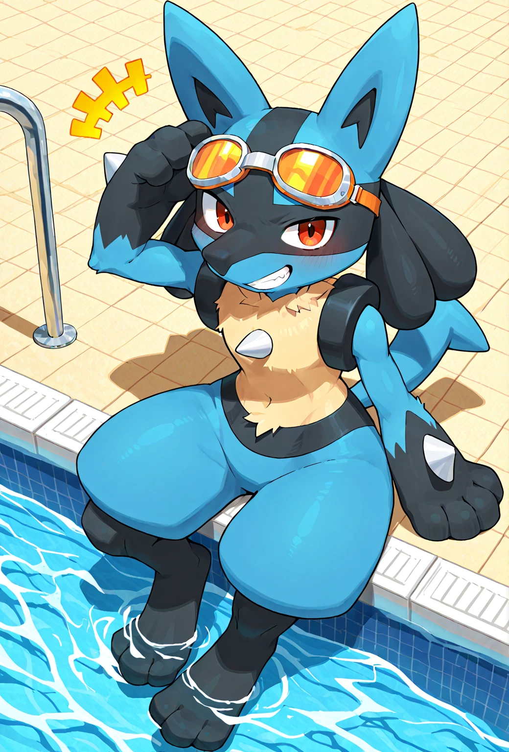 score_9,score_8_up,score_7_up, source_cartoon, source_furry, anthro female lucario, naked, nipples, vagina, lounging on a long pool chair on the beach, legs crossed, cute pose, smiling big, shy smile, blushing, toothy smile
