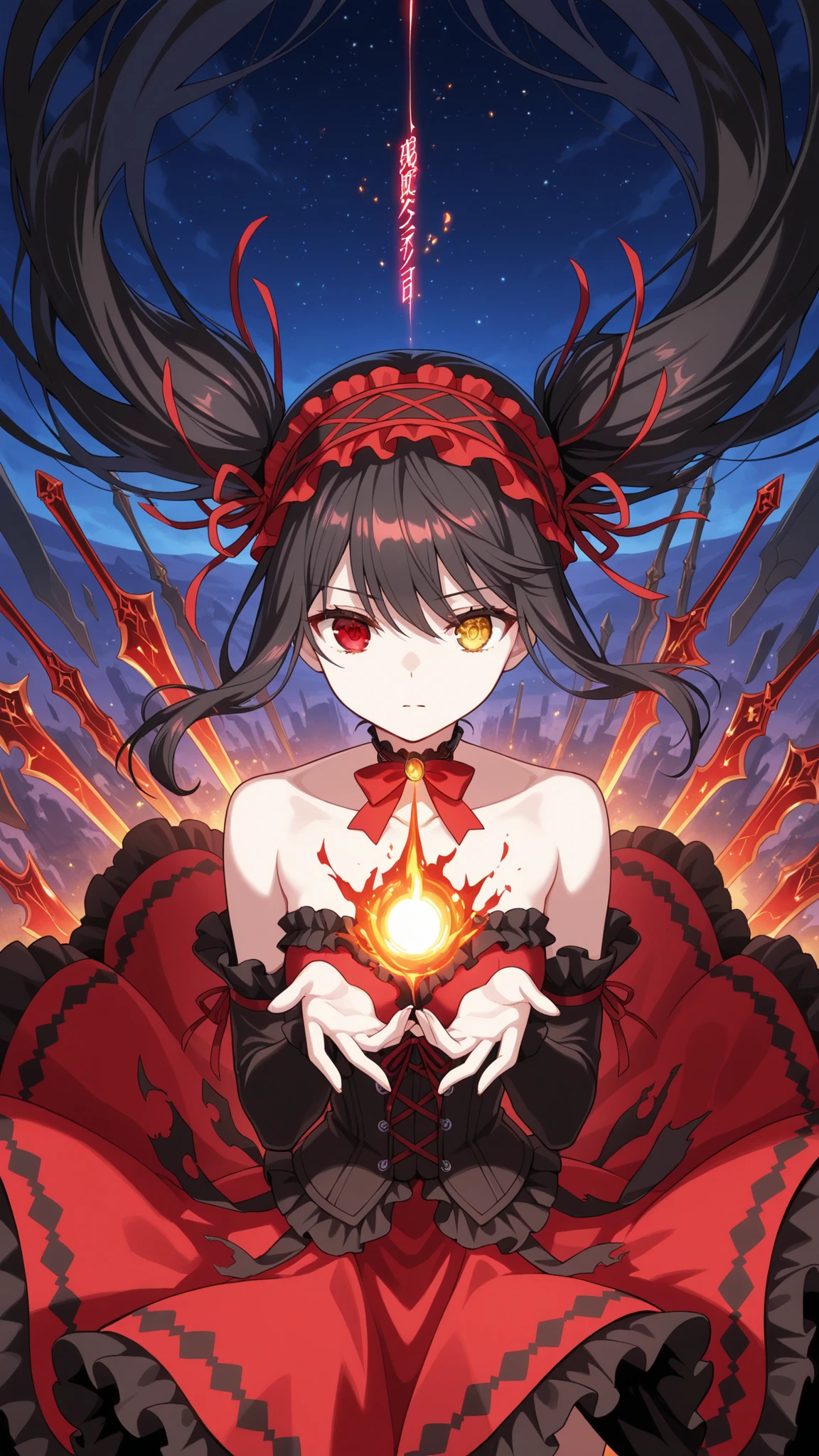 BREAK (masterpiece:1.2), best quality, high resolution, unity 8k wallpaper, (illustration:0.8), (beautiful detailed eyes:1.6),Apocalyptic sky torn between warring gods, a thousand shattered floating islands drifting through the storm, celestial chains as thick as skyscrapers dangling into the void, the ground littered with broken swords, a massive glowing rift in reality pulsating at the horizon, 4K ultra-detailed, cinematic fantasy epic atmosphere,kurumi tokisaki astral dress, long hair, black hair, red eyes, twintails, yellow eyes, hairband, heterochromia, dress, red dress, bare shoulders, collarbone, choker, bowtie, red bowtie, detached sleeves, corset, frills,floating hair,floating dress,cowboyshot,