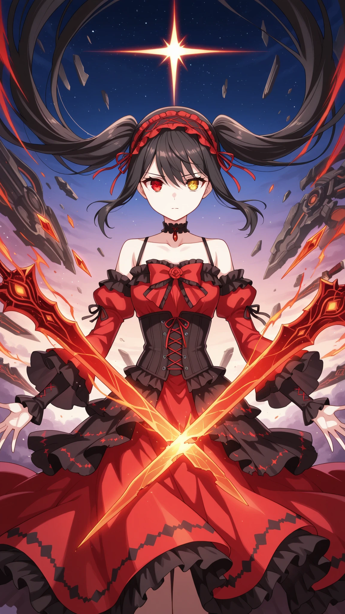 BREAK (masterpiece:1.2), best quality, high resolution, unity 8k wallpaper, (illustration:0.8), (beautiful detailed eyes:1.6),Apocalyptic sky torn between warring gods, a thousand shattered floating islands drifting through the storm, celestial chains as thick as skyscrapers dangling into the void, the ground littered with broken swords, a massive glowing rift in reality pulsating at the horizon, 4K ultra-detailed, cinematic fantasy epic atmosphere,kurumi tokisaki astral dress, long hair, black hair, red eyes, twintails, yellow eyes, hairband, heterochromia, dress, red dress, bare shoulders, collarbone, choker, bowtie, red bowtie, detached sleeves, corset, frills,floating hair,floating dress,cowboyshot,