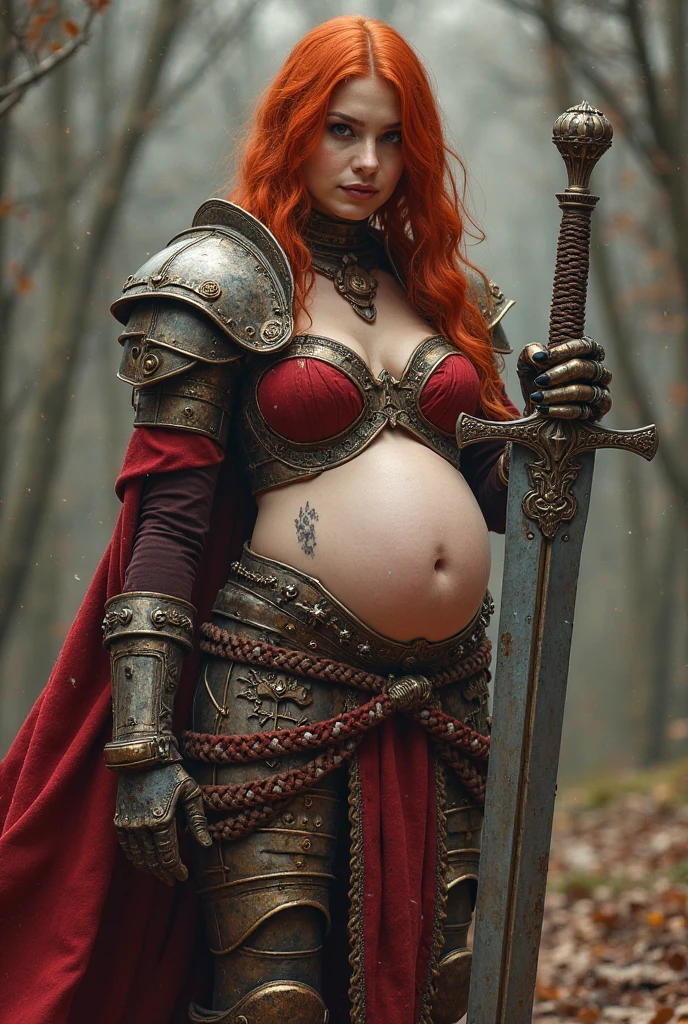 Pregnant Red-haired warrior girl, young girl, pretty face, thin girl, pretty girl, skinny girl, She's wearing a plate armor, medieval armor, steel breastplate, steel gauntlets, steel gloves, (red miniskirt: 1.5), (sitting, spread her legs: 1.1), (her panties are showing: 1.2), you can see her panties, underwear, pantyshot, upskirt, (cameltoe: 1.3), (white panties), panties appearing, medieval fantasy, Dungeons and dragons, RPG character, best quality, (masterpiece), 8k, pregnant