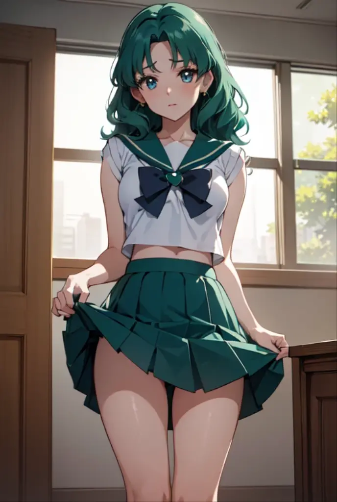 (sailor neptune, mature woman, small breasts, aqua eyes, dark green hair, medium hair)、(upper body shot:1.2),(from below:2), (to lift up one’s skirt:1.5),1 girl, , Uhd, retina, masterpiece, Accurate, anatomically correct, rough skin, Super detailed, advanced details, high quality, Award history, 最high quality, High resolution, hd, 4k,(anime,8K,masterpiece, 最high quality, 最high quality,beautiful and aesthetic:1.2,professional illustration:1.1,Super detailed:1.3,perfect lighting),very detailed,most detailed,incredibly absurd,High resolution,Super detaileded,Complex:1.6, cute pose,