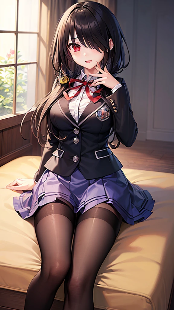 (((masterpiece))),(((best quality))),(((extremely detailed))),(Perfect feet),illustration,who, (masterpiece, top quality, best quality, official art, beautiful and aesthetic:1.2),(8k, best quality, masterpiece:1.2), KurumiSchool, low twintails, hair over one eye, , black jacket, blue skirt, neck ribbon, black pantyhose,Sitting posture,(Lift the soles of your feet)