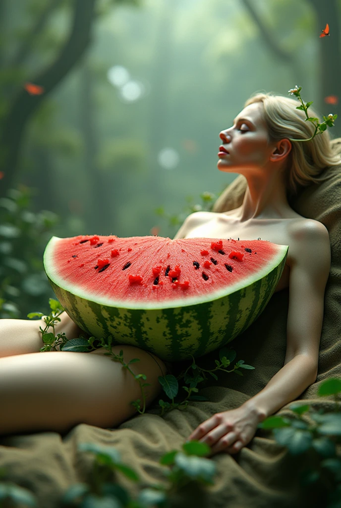 watermeloncarving, sexy woman, full body, (cherry blossom grove:.9) (high quality detailed high saturation highres)