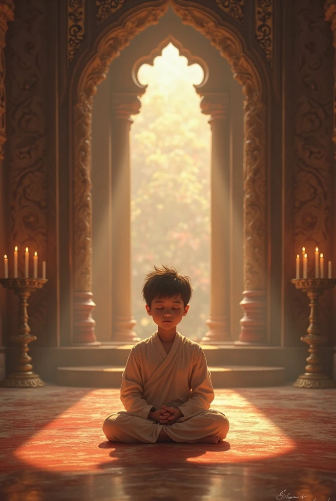 There is a cave inside which a child is worshiping, the child is wearing saffron colored clothes.