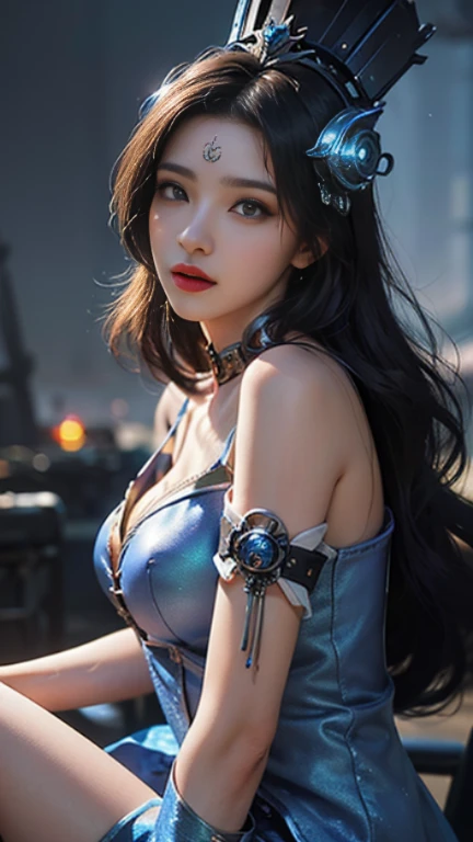 masterpiece, highest quality, Super detailed, Facing the camera, Super detailed, Realistic, Sharp features, Very detailed, Sharp focus, Perfect Face, Perfect Face, Perfect symmetrical perfect eyes, Perfect Plump Lips, Flexible female form, Cinematic, Film Light, Super detailed, hyper Realistic, masterpiece, Atmospheric, High resolution, Vibrant, Dynamic Studio Lighting, ((Dark Background)), The expression when enduring pleasure, Straight bangs, blue eyes,Sexually aroused expression、Her black thong shorts are visible through the fabric、(((Lean forward with your legs apart))),((Buckshot))