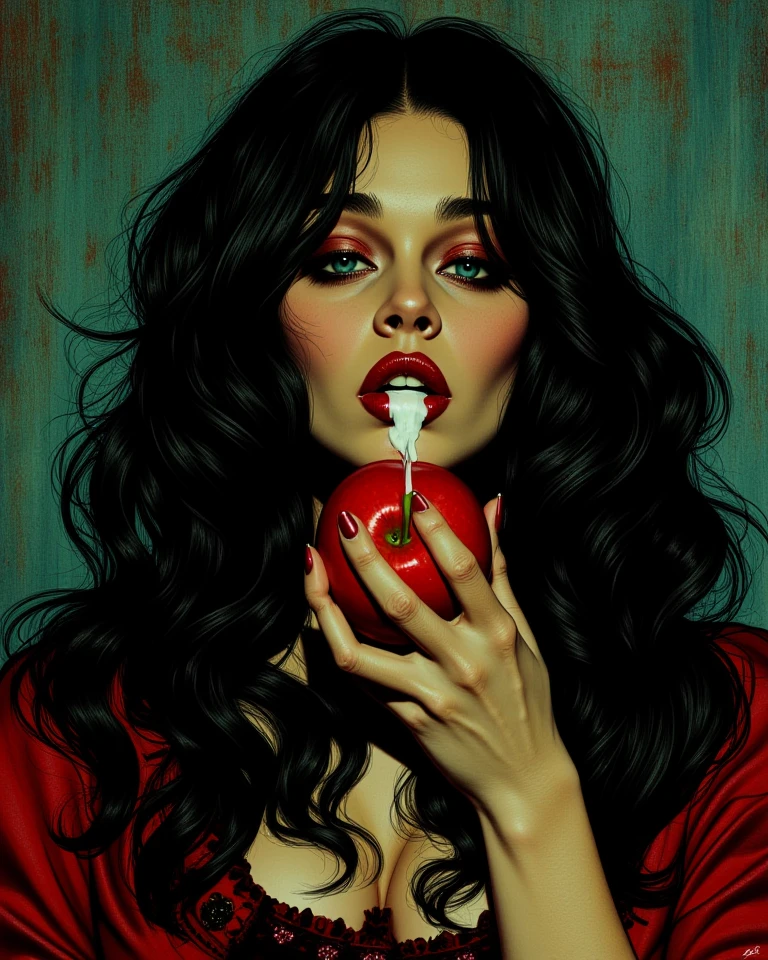 artistic and sexy dark romance book cover, 1.5Ft x 10.5Ft, high contrast, exquisite composition, (acrylic painting: 1.6), two characters, enchanting, masterpiece, 1 sexy short native woman, dressed like a witch, purple highlights in long curly hair, holding an apple, 1 man in a suit, long dark hair, intricate tattoos,
the woman's seductive gaze, arousing, mysterious, captivating, hyper-realistic, delectable details, rich colors, detailed textures, to-die-for allure, glossy finish, evoking emotion, exuding sensual