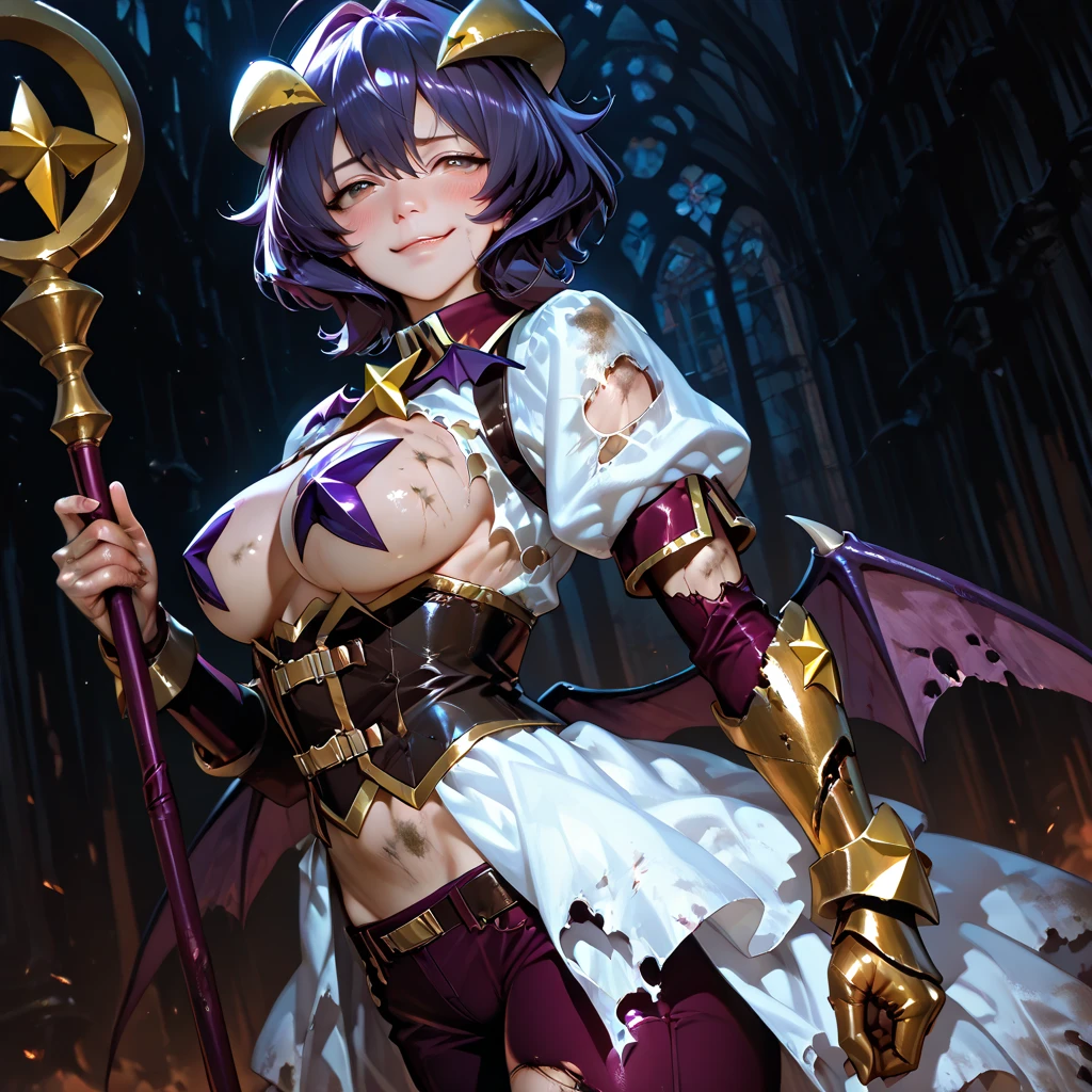 humanic human, best quality, ultra detailed, 1girl, solo, standing, purple hair, long braided hair, golden eyes, bangs, medium breasts, armor, horn, crooked horn, stare, smile, (evil:1.2), looking at viewer, (interview:1.3), (magic background, runes:1.3) human demonic --auto