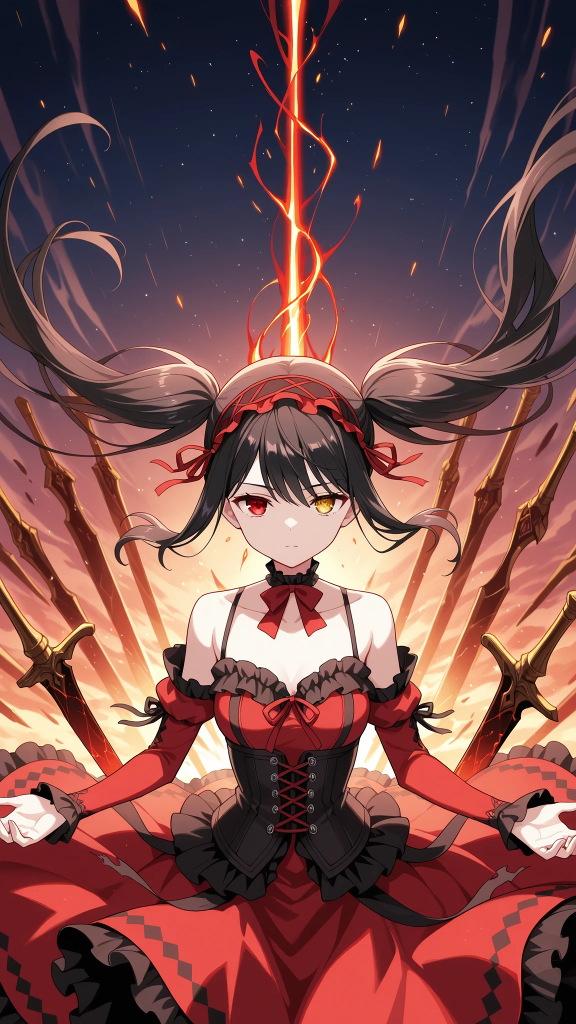 BREAK (masterpiece:1.2), best quality, high resolution, unity 8k wallpaper, (illustration:0.8), (beautiful detailed eyes:1.6),Apocalyptic sky torn between warring gods, a thousand shattered floating islands drifting through the storm, celestial chains as thick as skyscrapers dangling into the void, the ground littered with broken swords, a massive glowing rift in reality pulsating at the horizon, 4K ultra-detailed, cinematic fantasy epic atmosphere,kurumi tokisaki astral dress, long hair, black hair, red eyes, twintails, yellow eyes, hairband, heterochromia, dress, red dress, bare shoulders, collarbone, choker, bowtie, red bowtie, detached sleeves, corset, frills,floating hair,floating dress,cowboy shot,from behind,arched back