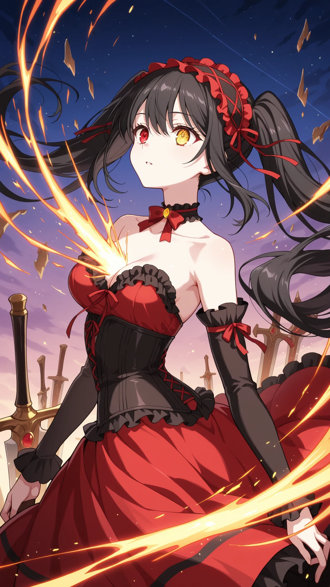 BREAK (masterpiece:1.2), best quality, high resolution, unity 8k wallpaper, (illustration:0.8), (beautiful detailed eyes:1.6),Apocalyptic sky torn between warring gods, a thousand shattered floating islands drifting through the storm, celestial chains as thick as skyscrapers dangling into the void, the ground littered with broken swords, a massive glowing rift in reality pulsating at the horizon, 4K ultra-detailed, cinematic fantasy epic atmosphere,kurumi tokisaki astral dress, long hair, black hair, red eyes, twintails, yellow eyes, hairband, heterochromia, dress, red dress, bare shoulders, collarbone, choker, bowtie, red bowtie, detached sleeves, corset, frills,floating hair,floating dress,cowboy shot,from behind,arched back