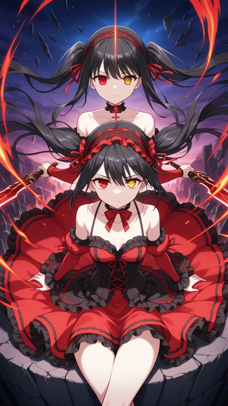 ロングコートを着たblack髪red目の少女、Bloodに濡れた、背後に大きなblackいドラゴン、redく光る目、corrupt world、Dystopia、Stabbing the sword、Blood、Blood痕、dark world、black、red、anger、hatred、wrath、Kitchen two disease、Knee-high boots、dragon's familiar、has a large sword、devil woman smiling
