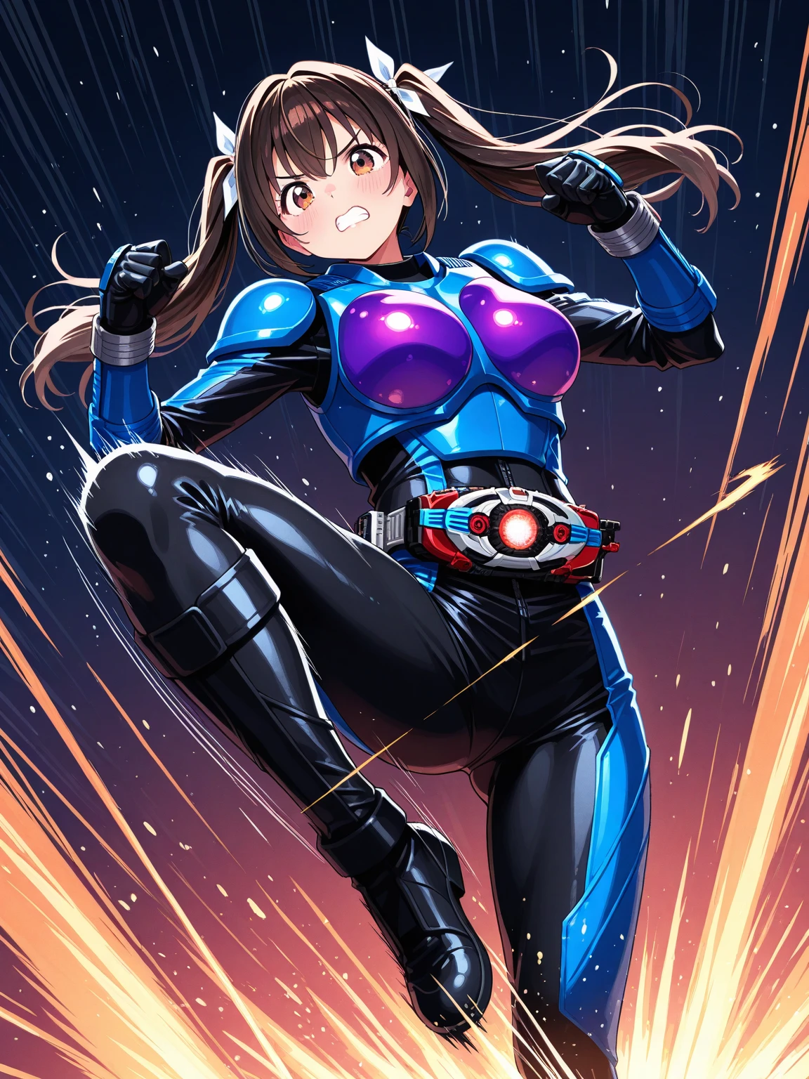 ((1girl)),((alone)),ochako uraraka,(masterpiece), (best quality), (ultra detailed), (best illustration), (best shadow), (absurdities), sharp focus, cowboy shot , dynamic posture looking at the viewer, big breasts, narrow waist, wide hips, wide thighs, round butt, erotic, romantic, (very detailed eyes, lips 1.1), very detailed eyes, eyes, Very detailed face, Very beautiful face, height full, beautiful slim figure, femininity, expressive appearance, elastic big breasts, sexuality, brown eyes, bright lips, brown hair, medium hair, shiny skin,((superhero costume)),(((pink and black bodysuit, tight bodysuit ))), Pink protector, Pink boots, pink wristbands, defined body, Perfect and beautiful body, perfect and beautiful, closed mouth, smile, happy smile, blushing, (sexy pose: 1.2), ((solo)), standing: 1.3, exterior, cityscape, streets, city, night, dark city, city lights, looking forward, ((focus on breasts)), point of view: (from middle), perfect anatomy, perfect hands