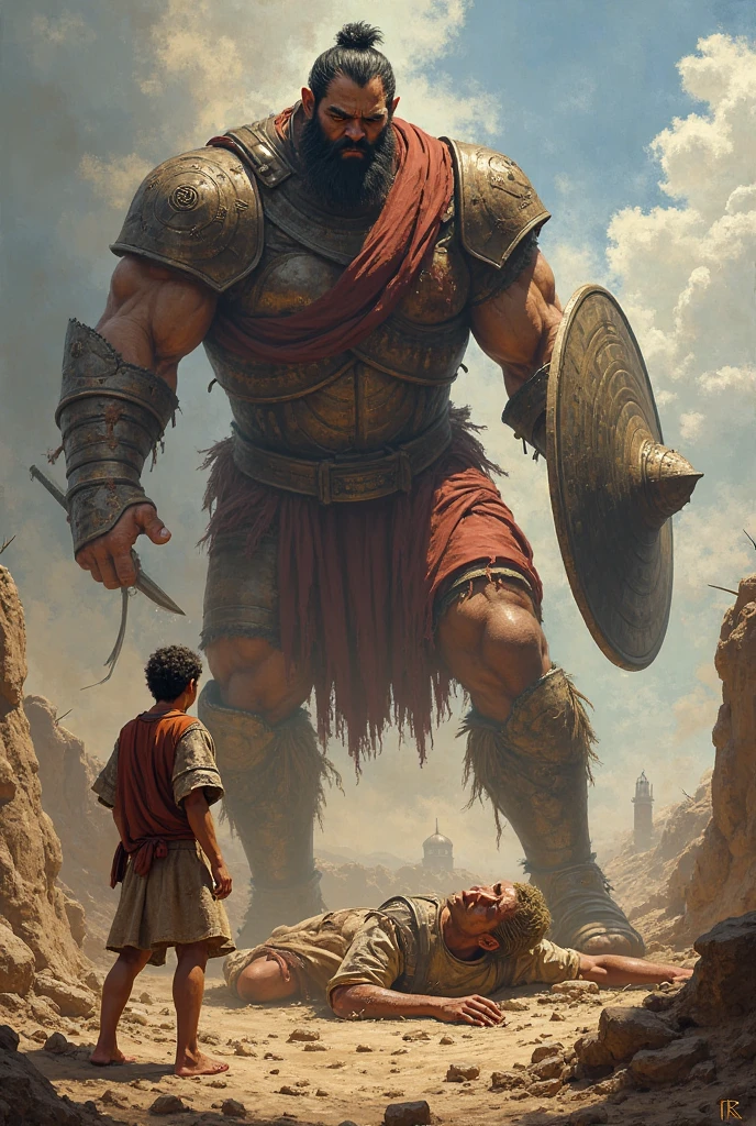 The giant Goliath fallen to the ground disagreement and David with the giant&#39;s sword in his hand 