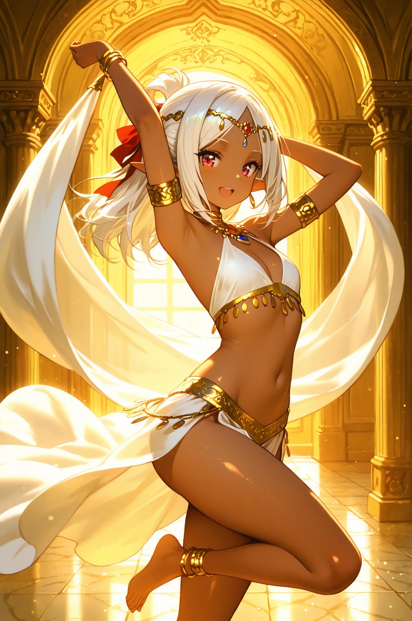 ((kinako (shiratama mochi) style)), GBF style, colorful eyes, soft style, masterpiece, solo, 1 girl, topless, large nipples, nipples, white sarong, harem outfit, semi transparent skirt, beautiful art, vibrant, flat chests, desert, tent, platinum blonde hair, dancing, different poses, narrow waist, slender legs, hairband, jewely, necklace, bracelet, white mouth veil, veil, headdress, navel, thigh strap, abstract, night, moonlight, light hair, waist pouch, blue eyes, high angle shot, top view, black eyeliner, sparkling, winking, side view, arched back, flexible body, serene face, soft eyes, relaxed, calm, smiling, bonfire, enchanted, thin, ribcage, gold jewelry, morocco, date palm trees, carpet, people on cheering background, hoop bracelets, nipple piercing, (nr, nipple rings), short hair
