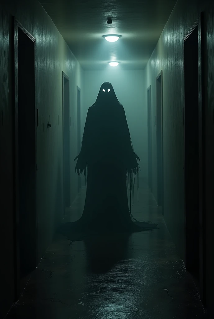 The eerie figure of the missing friend, with completely white eyes, standing in the doorway.
