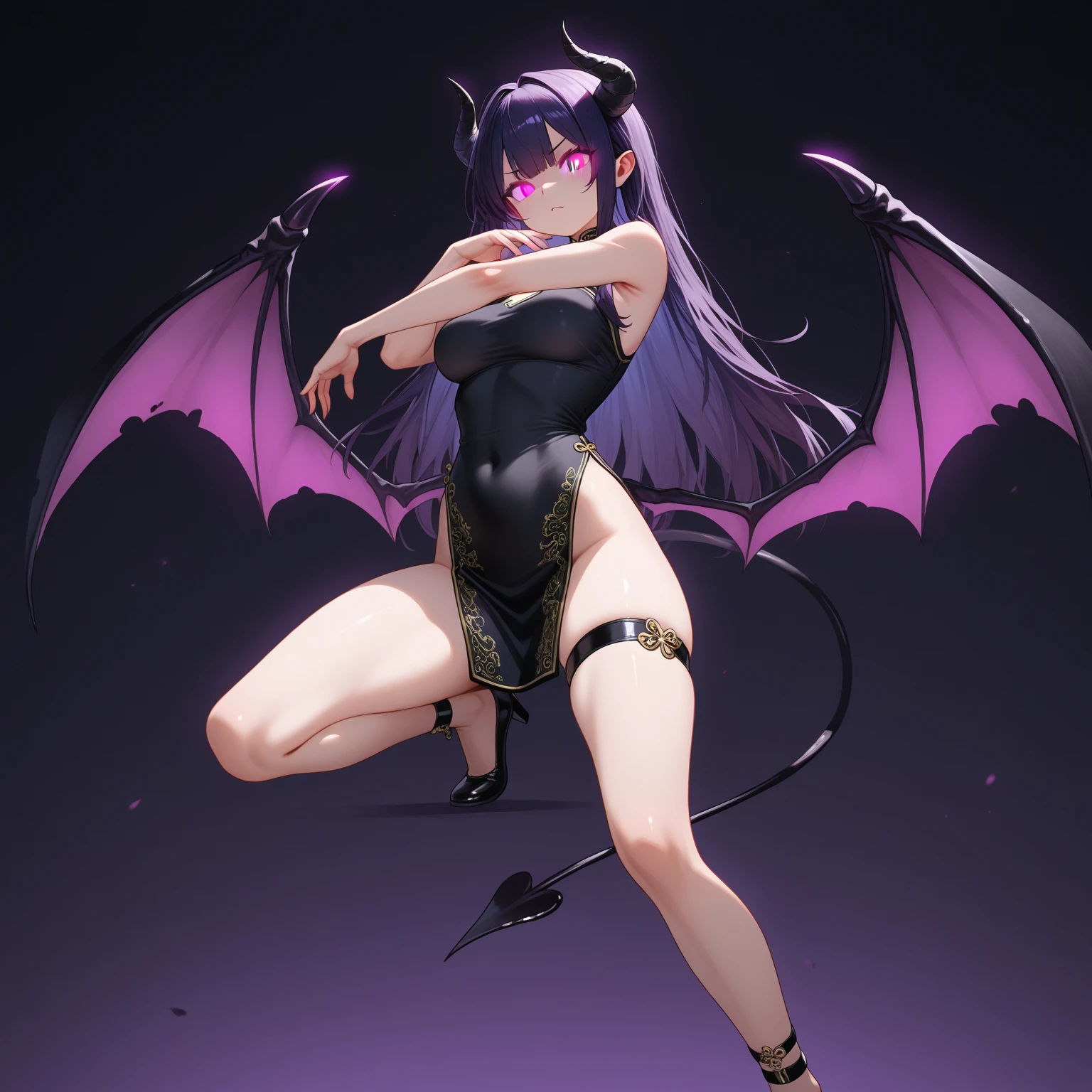 highest quality　Highest quality　draw the face carefully　Anime style high quality face　Super Glowing Skin　Black full body suit　Purple pantyhose　barefoot　Succubus　lure　smile　Rear view　Back view