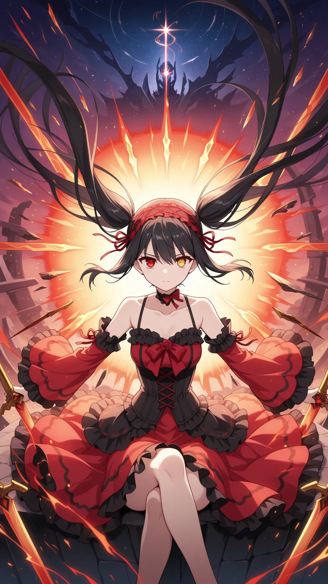 BREAK (masterpiece:1.2), best quality, high resolution, unity 8k wallpaper, (illustration:0.8), (beautiful detailed eyes:1.6),Apocalyptic sky torn between warring gods, a thousand shattered floating islands drifting through the storm, celestial chains as thick as skyscrapers dangling into the void, the ground littered with broken swords, a massive glowing rift in reality pulsating at the horizon, 4K ultra-detailed, cinematic fantasy epic atmosphere,kurumi tokisaki astral dress, long hair, black hair, red eyes, twintails, yellow eyes, hairband, heterochromia, dress, red dress, bare shoulders, collarbone, choker, bowtie, red bowtie, detached sleeves, corset, frills,floating hair,floating dress,cowboy shot,sitting,cross legs,