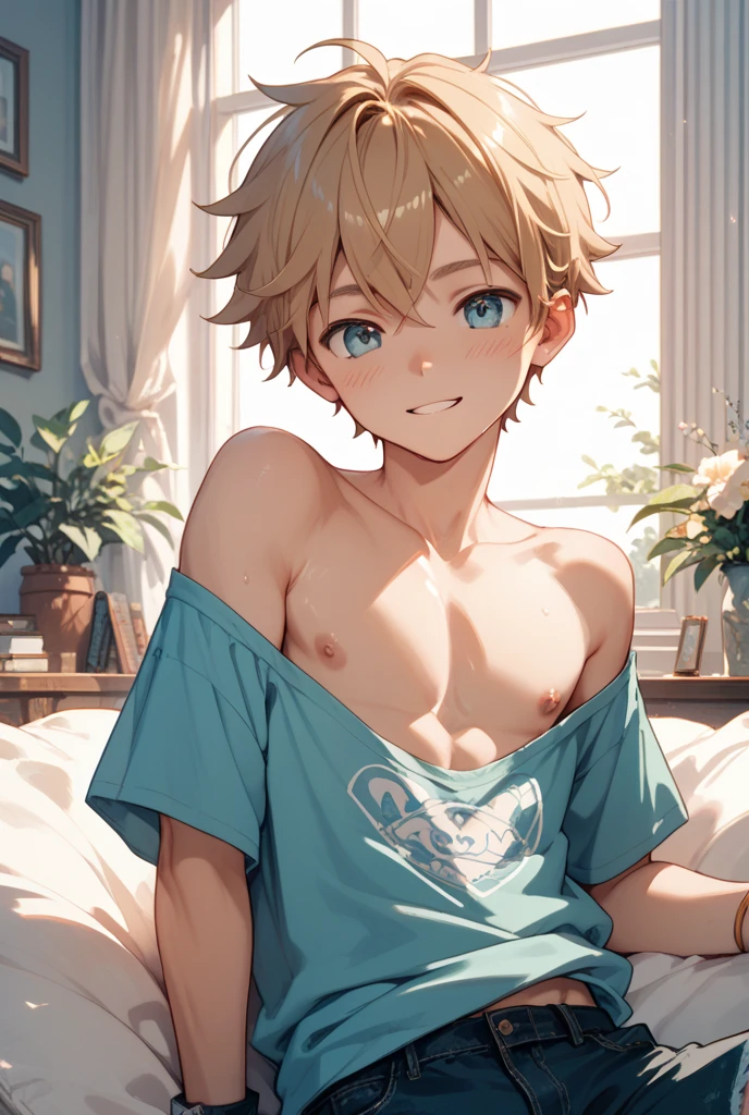 muscular young man　Short Hair　Wearing boxer shorts　全naked　Bedroom at night　Lie face up on the bed　penisが勃起している　naked　penis