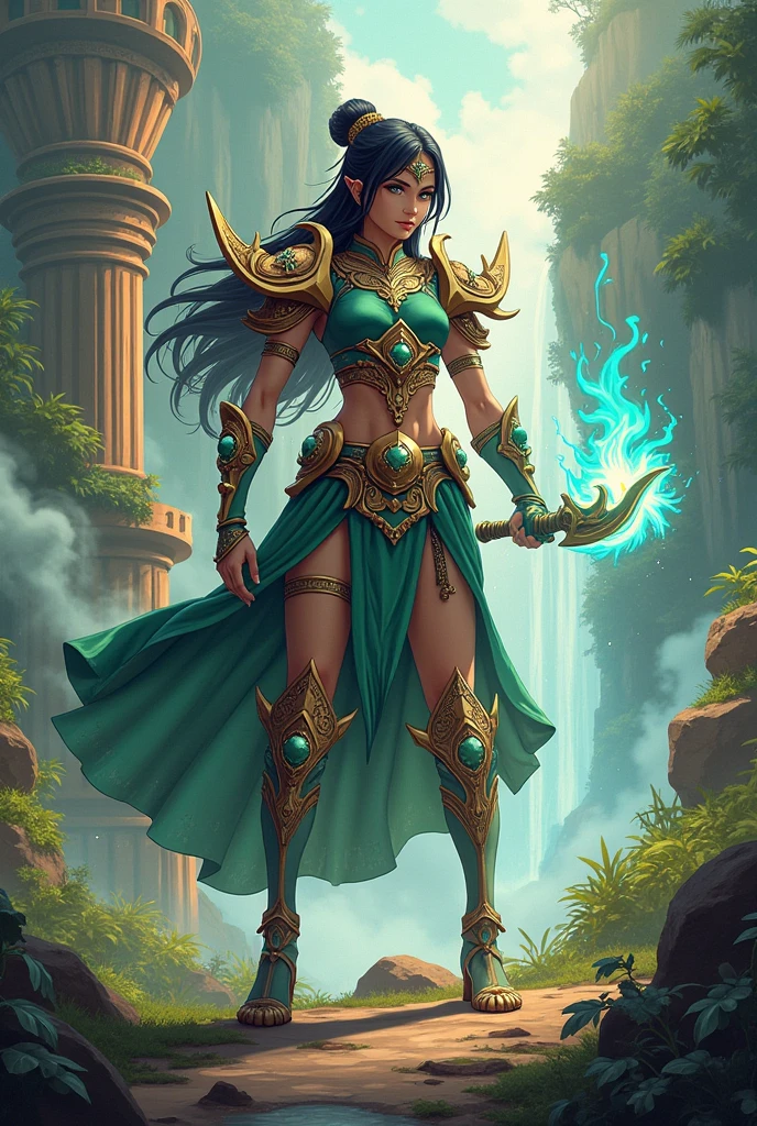 Female version of the knight of the zodiac Shiryu of dragon, wearing only the lower part of the dragon armor, coastal view, standing in front of a waterfall