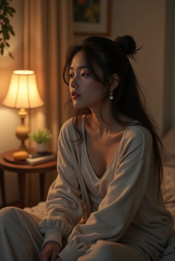 (best quality:1.2), (masterpiece:1.2), (8K:1.2), (intricate details:1.2), (cinematic light:1.2), (photorealistic:1.2), (raw, highres:1.2), (This image shows a woman tilting her head back in a dimly lit room. Her eyes are closed, and a calm and peaceful expression is on her face. Her long hair falls naturally, and the lighting casts a soft purple and blue hue on her face and hair. Overall, the image evokes a serene and dreamy atmosphere.)