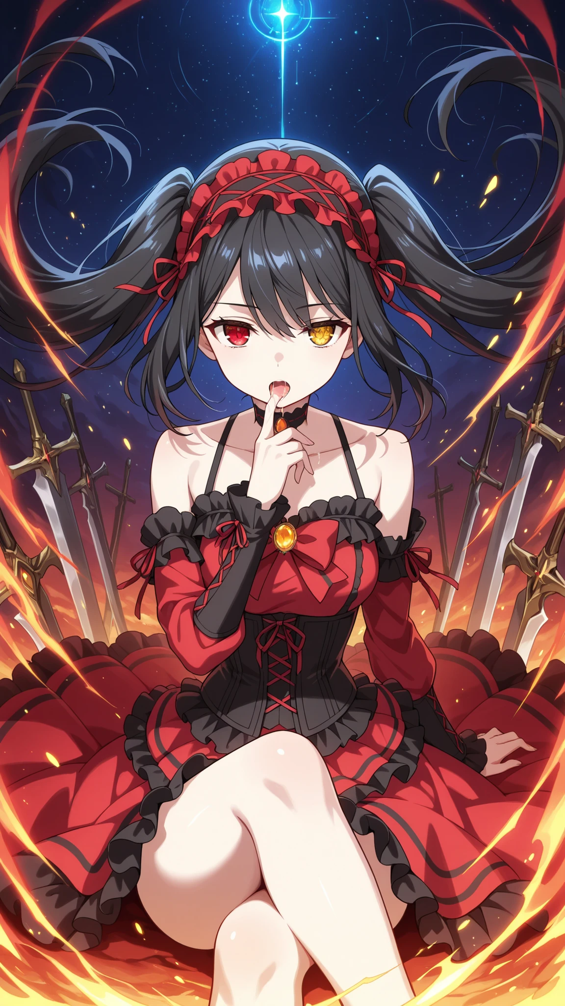 BREAK (masterpiece:1.2), best quality, high resolution, unity 8k wallpaper, (illustration:0.8), (beautiful detailed eyes:1.6),Apocalyptic sky torn between warring gods, a thousand shattered floating islands drifting through the storm, celestial chains as thick as skyscrapers dangling into the void, the ground littered with broken swords, a massive glowing rift in reality pulsating at the horizon, 4K ultra-detailed, cinematic fantasy epic atmosphere,kurumi tokisaki astral dress, long hair, black hair, red eyes, twintails, yellow eyes, hairband, heterochromia, dress, red dress, bare shoulders, collarbone, choker, bowtie, red bowtie, detached sleeves, corset, frills,floating hair,floating dress,,sitting,cross legs,portrait,open mouth, sucking finger,saliva