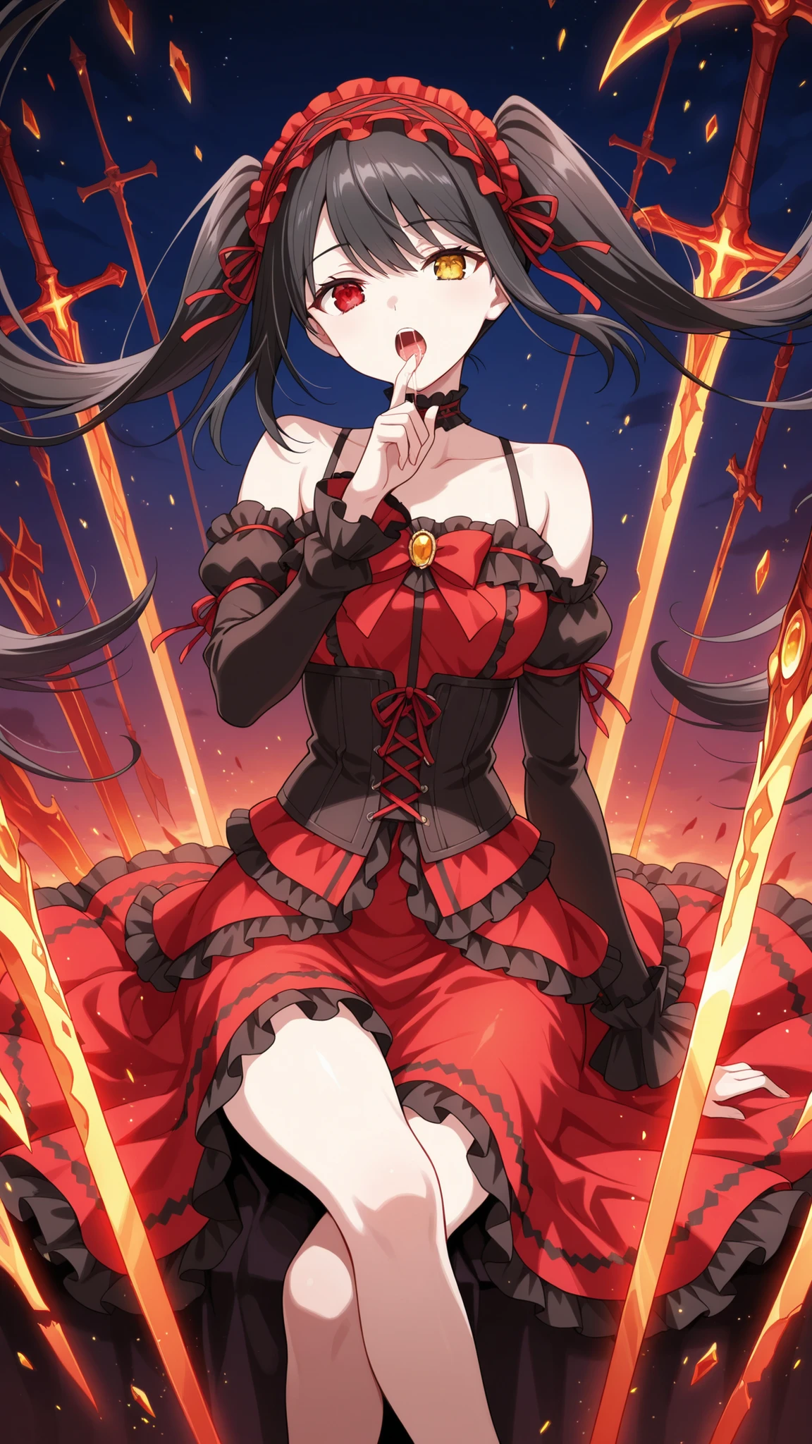 BREAK (masterpiece:1.2), best quality, high resolution, unity 8k wallpaper, (illustration:0.8), (beautiful detailed eyes:1.6),Apocalyptic sky torn between warring gods, a thousand shattered floating islands drifting through the storm, celestial chains as thick as skyscrapers dangling into the void, the ground littered with broken swords, a massive glowing rift in reality pulsating at the horizon, 4K ultra-detailed, cinematic fantasy epic atmosphere,kurumi tokisaki astral dress, long hair, black hair, red eyes, twintails, yellow eyes, hairband, heterochromia, dress, red dress, bare shoulders, collarbone, choker, bowtie, red bowtie, detached sleeves, corset, frills,floating hair,floating dress,,sitting,cross legs,portrait,open mouth, sucking finger,saliva