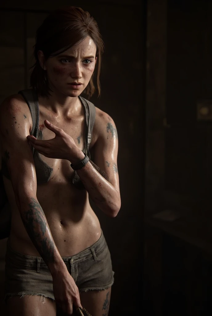 high quality high resolution image of <lora:TLOU2Abby:0.8> tlou2abby, fit, brown hair, braid, face of (kd3v3r:1.1), wearing a tanktop, wet hair, wet clothes, wet skin,
(at night:1.2), angry, raining, (heavy rain:1.2), lit by fire, <lora:lora_blood_v1_from_v1_160:1> bloodyface, blood stains, shorts, combat boots
Style-DoF
