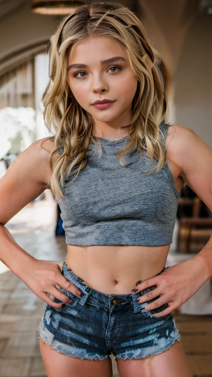 A beautiful blonde barefoot woman, with short wavy hair, wearing a black blindfold, a black sportsbra and sportsshorts, standing in a fist fighting pose, looking happy.