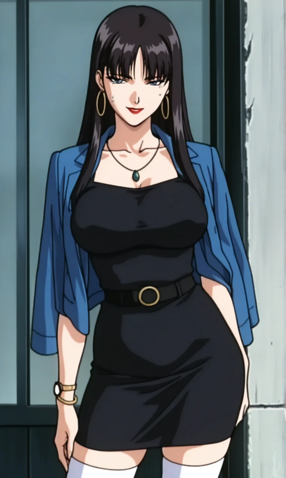 anime woman、highest quality:1.2),detailed face, lady、Glasses、black hair、trimmed bangs、afro hair、big earrings、passion、big breasts, big ass, denim jumpsuit