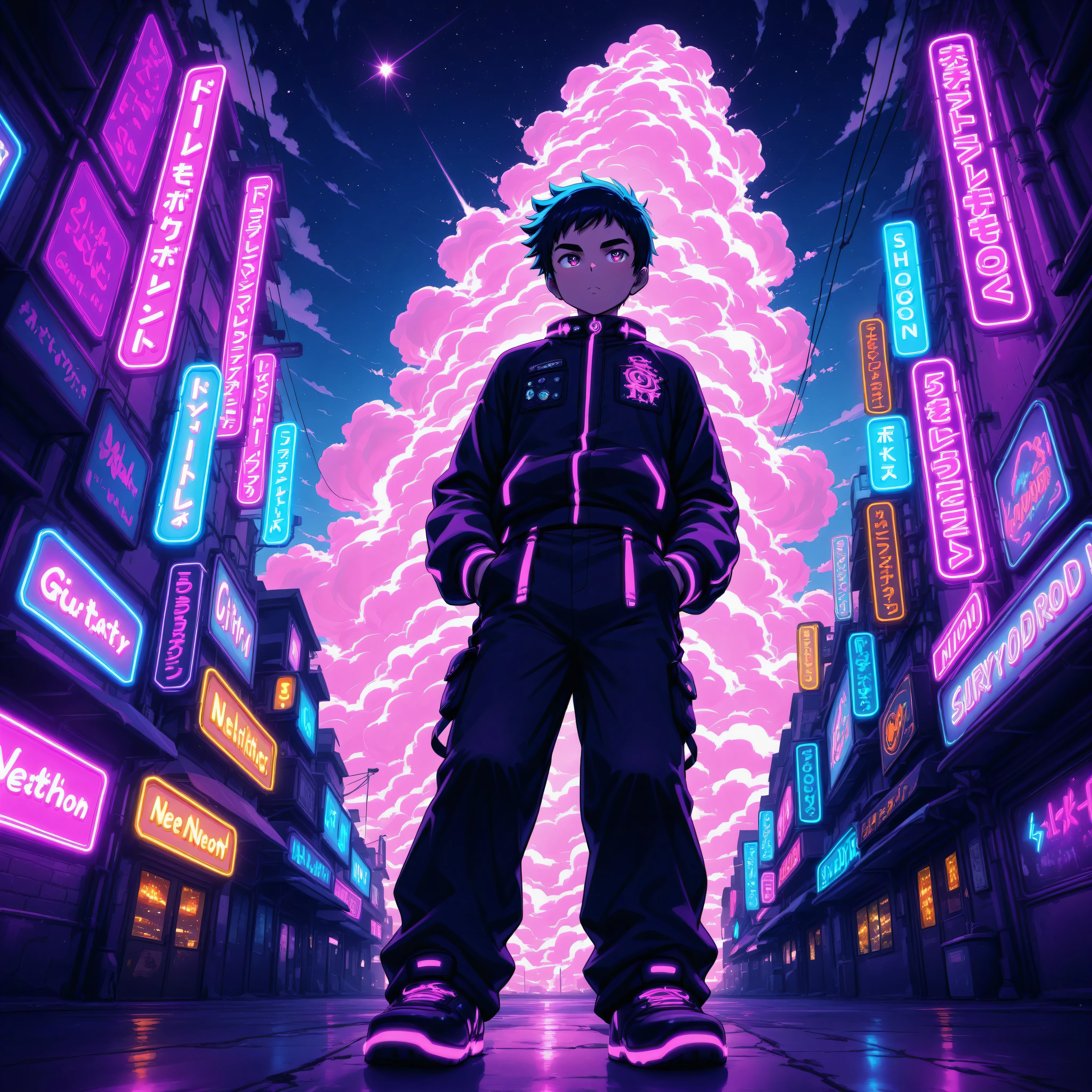 guy (gojo satoro ), Clothes (all in neon), hair (neon lights)(gradient), In the background (cloud and sky cover)(All in incomplete neon lighting), great lighting, ray tracing, ultra rented, 8k quality, 8K detail and rendering