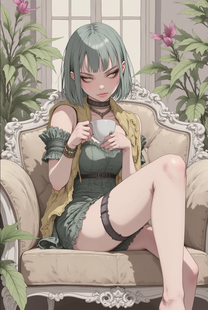 (masterpiece), (best quality), (ultra-detailed), (best illustration), (best shadow), (absurdres), Female, 25 years old, looking at viewer, steam, nsfw, serious, green hair, nose blush, light smile,