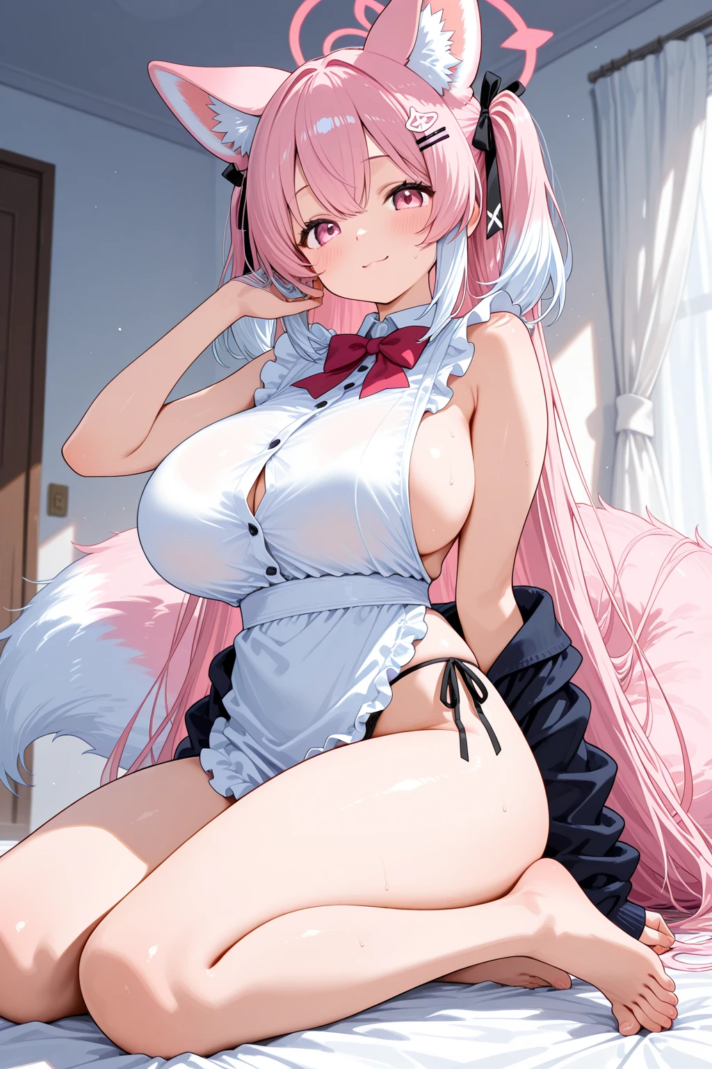 ((Best quality)), ((masterpiece)), (detailed), (In detail) naked 02 (Darling in France) in a big pink skirt , pink long hair, cum on chest, on the crib on my knees , cat ears, camera from above