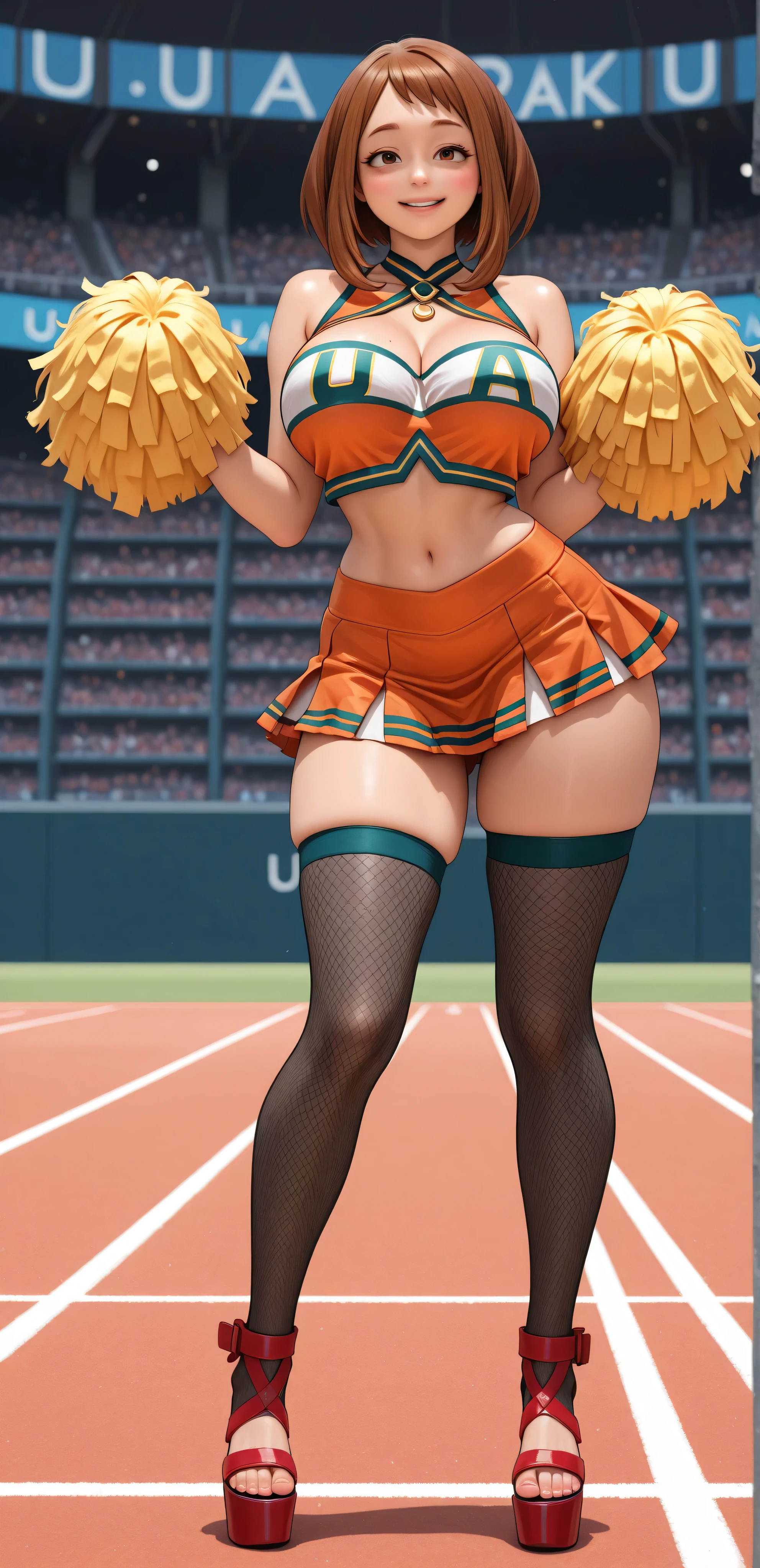 elsa of arendelle, full body, cheerleader outfit, football stadium, pum-pums, (big breasts)