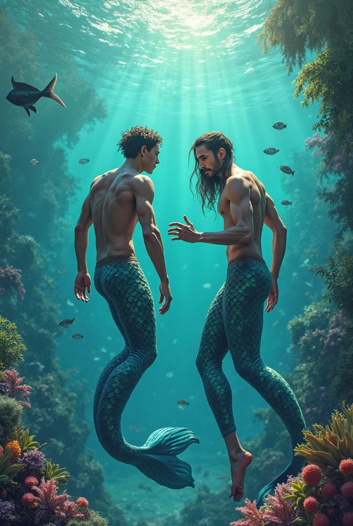 South asian man, 18 years old, long hair , location, underwater, wearing wet tights, great lighting, lion fish swimming behind, big bulge,