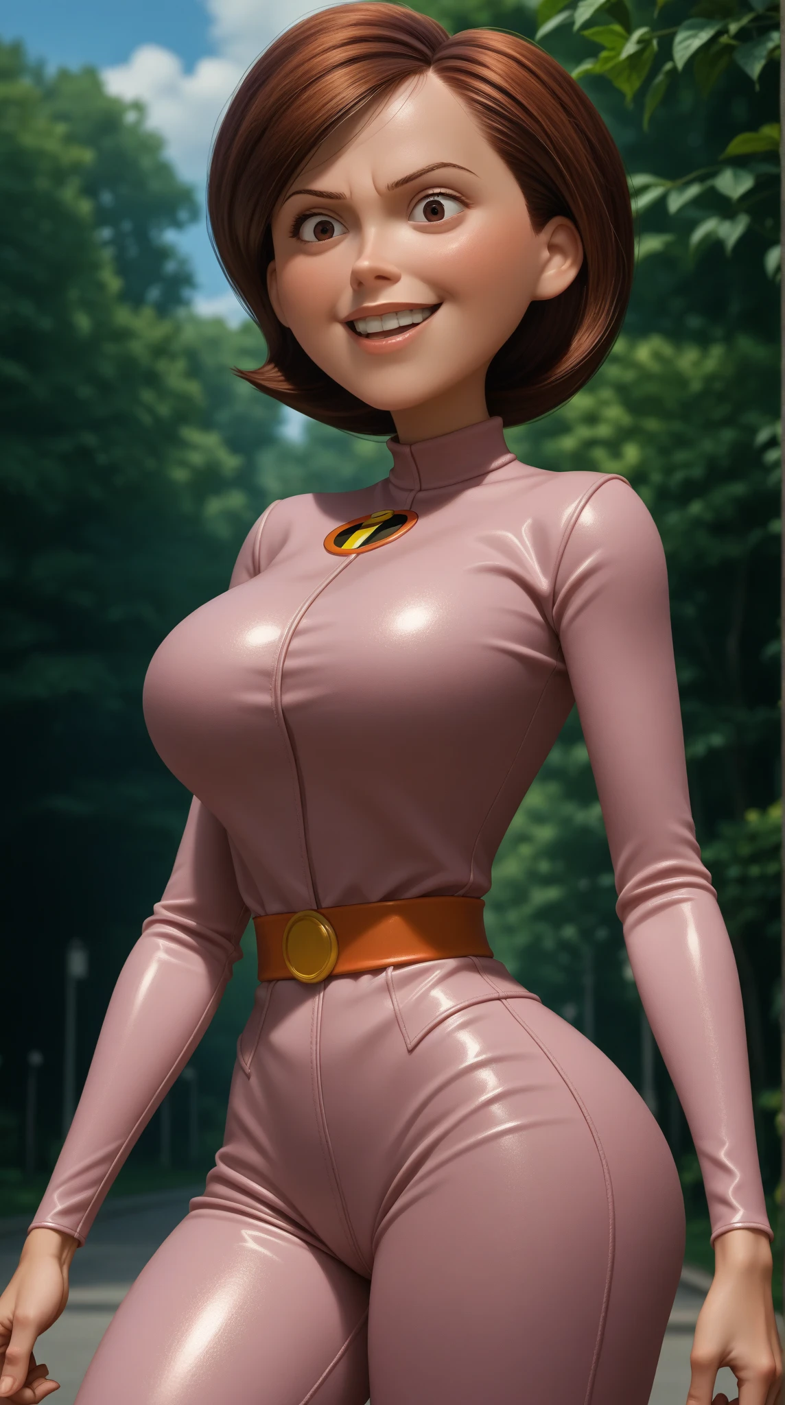 obra de arte, melhor qualidade, high resolution, hmochako, adesivos de blush, cabelo curto, (((corte pixie 1.6))), seios enormes, Super heroi, May, botas, sky, building, mid air, hand on hip, quadris largos, coxas grossas ((curved)), latex suit, sensual, sorriso, sensual, (((mulher madura 1.5))), Texturas PBR, levitando