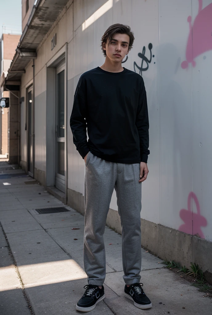 Two dimensions,on university campus,18 year old boy,front shot,super tall guy,broad shoulderuscular),bodybuilding,Physical Education Student,Leg length,2m height,boys ,Sitting on the roadside of campus,Casual shoes,Gradient Color,black hair,The face delicate and perfect,Perfect facial features blush,happy,8k realistic style,A person stands under the tree,There a lamp and a cat next to it,at midnight,on the street,masterpiece,best quality,Ray tracing