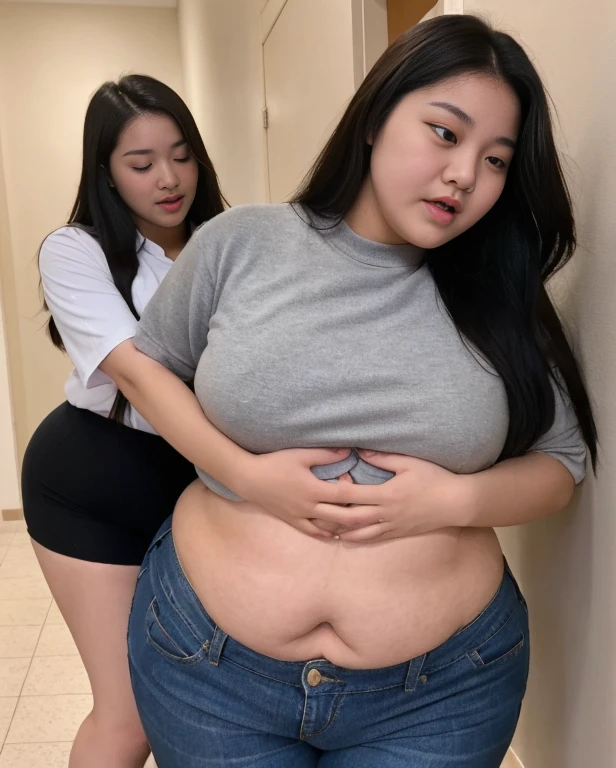 very very big pregnant midriff asian beautiful woman,belly button, city,long sleeve croptop and jeans,walking