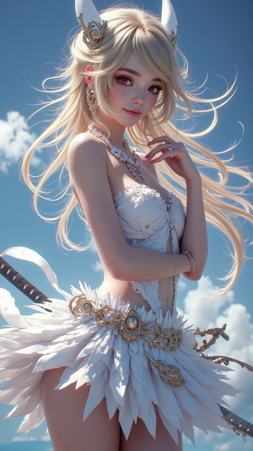 Best picture quality, perfect masterpiece, super high resolution, 1.4x realism, original photo, a girl, cinematic lighting, in the desert, sunny, using the Tyndall effect, elf girl performing dance, 15 years old, wearing a silver crown, ears as long as elves, silver gradient hair, big blue eyes, extreme light and shadow, wearing a white gauze skirt, a veil on her head fluttering in the wind.
