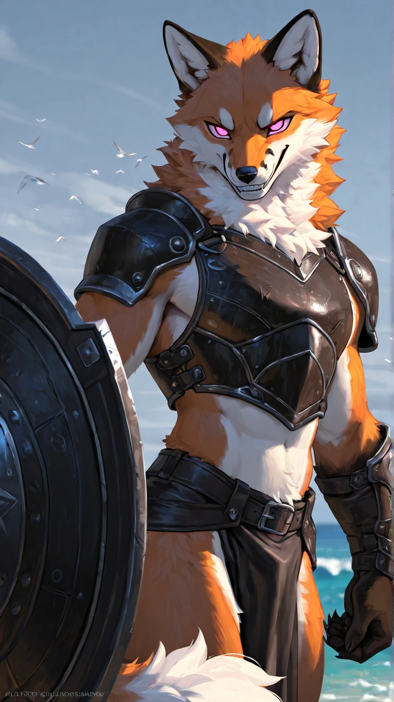 Fox with armor, symbol with 5 stars on the chest, muscular