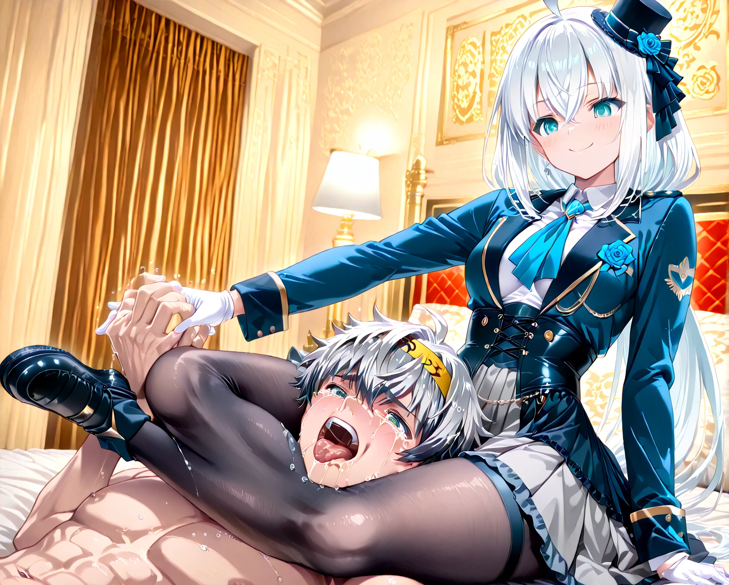 Nsfw,sex,(((1girl,3boy,fellatio,sex,vaginal ,gangbang ))),masterpiece,ultra detailed eyes, glowing ,highest detailed face,highest detailed skin,highest detailed hair, Kyoto animation,highest quality, High resolution, anime coloring,violet evergarden, Braid, hair ribbon, red ribbon, jewelry, white ascot, brooch, blue jacket, long sleeve, mechanical hand, white dress, long dress,in the bedroom,white lace panties,