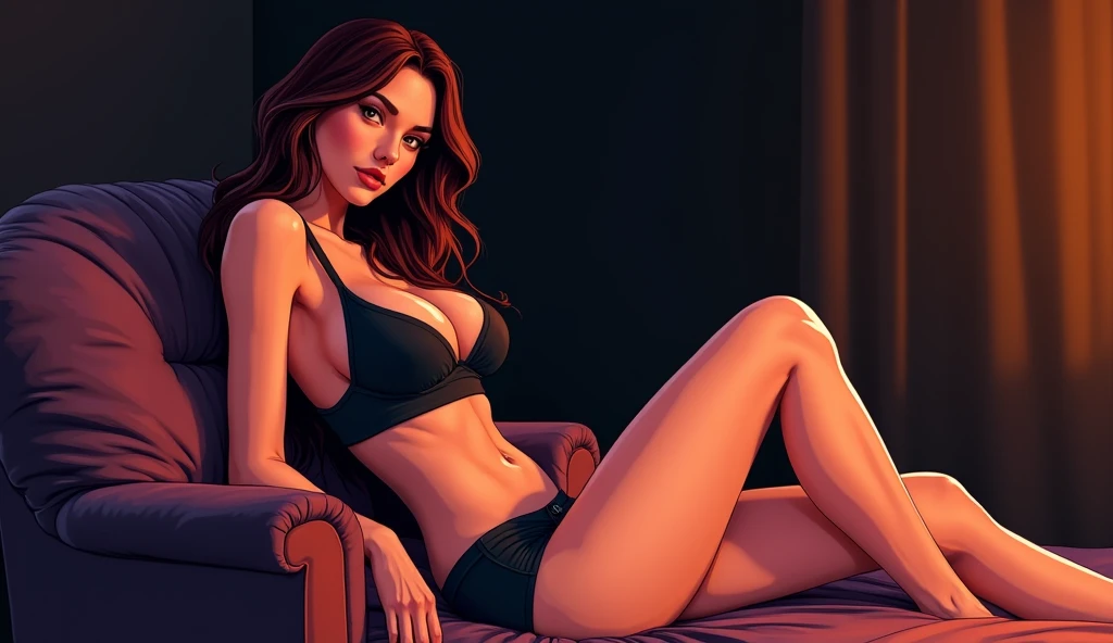 Woman with panties and without bra, sexy young woman with blue eyes, whole body can be seen, is in the nightclub and lying on the bar, looks like scarlett johannson, Make-up, looks directly into the camera, is energetic and atmospheric, want to have fun, and is almost naked