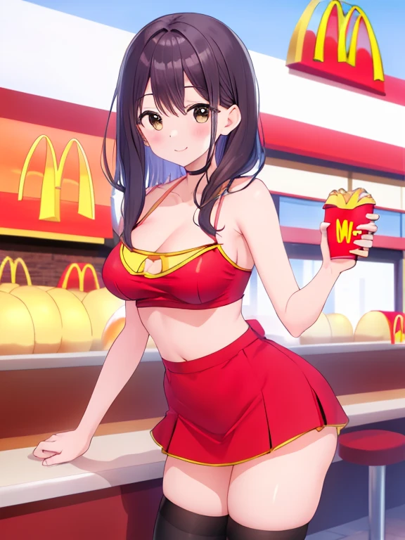 (masterpiece:1.2), (best_quality:1.2), ultra high res, ultra-detailed, 8K, HDR, highres, anime, highly detailed, (best shadow), (absurdres),
BREAK <lora:chihov2:0.8>, mcc,(large breast), (perfect proportion:1.2), (narrow waist),
BREAK employee uniform, red shirt, black skirt, visor cap,
BREAK close up, upper body, indoors, fast food, restaurant, smile, from below, looking at viewer, captivating pose, <lora:more_details:0.1>,