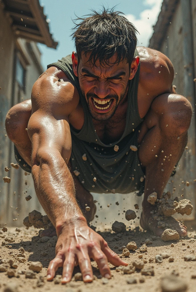Show me a man pulling a rock with a rope and suffering 