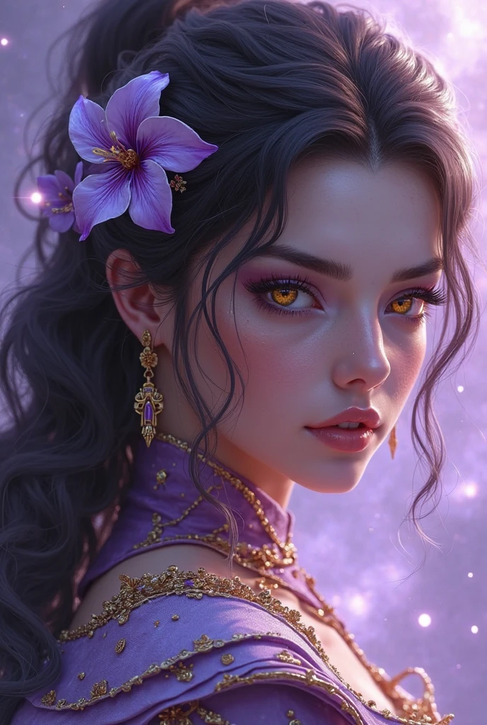 The image depicts a stylized, digital artwork of a female character. She has long, flowing brown hair adorned with purple flowers, giving her a mystical or ethereal appearance. The character has striking blue eyes and is wearing a detailed, ornate necklace with a circular pendant. Her skin is fair, and she has a tattoo or design on her right shoulder that resembles a feather or leaf motif. The overall aesthetic of the image is quite detailed and suggests a fantasy or fantasy-inspired theme. The character's expression is neutral, and she is looking directly at the viewer, which gives the image a sense of engagement.