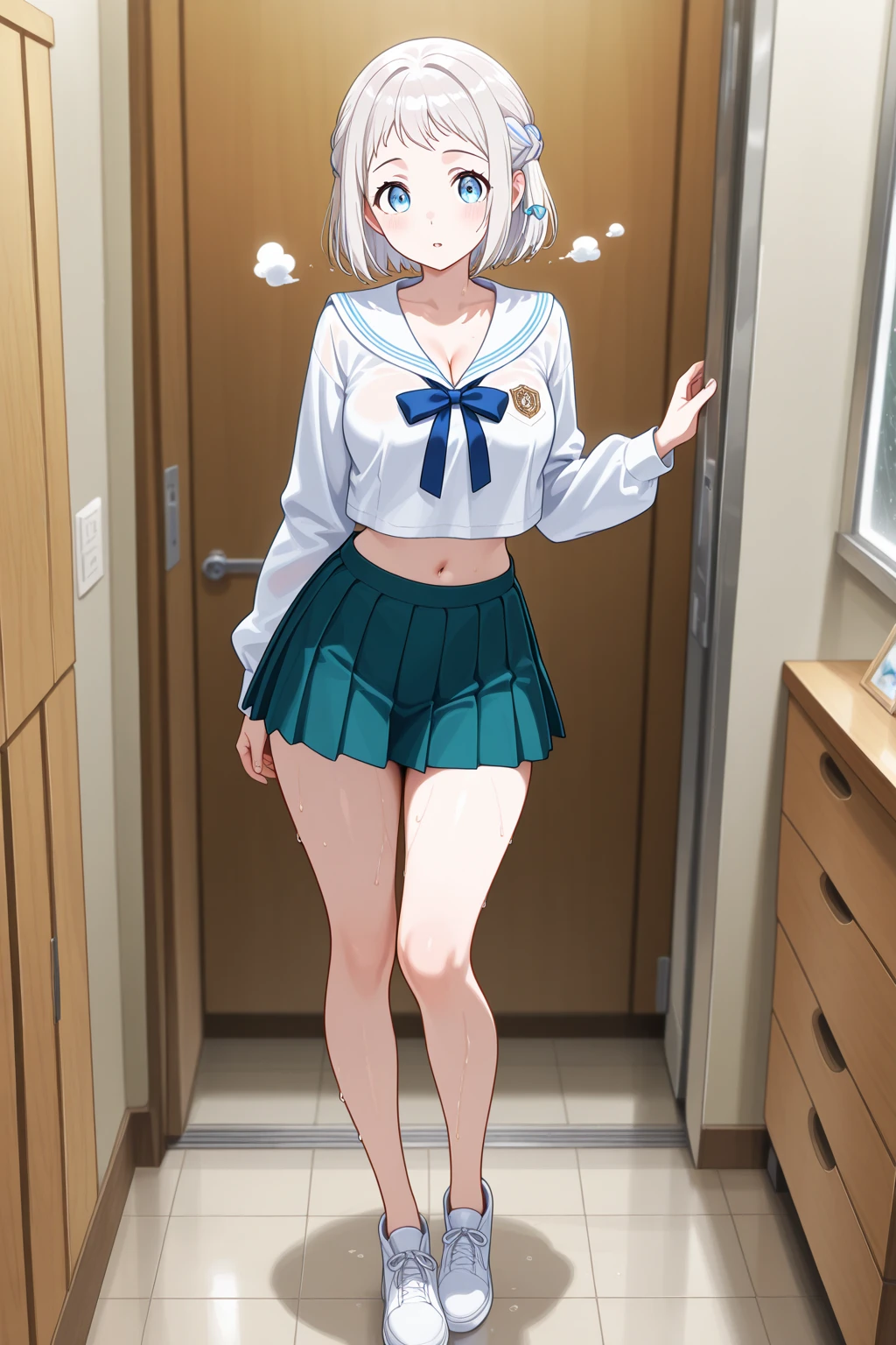 One girl、Standing in front of the house、Light blue hair、blue eyes、Standard bust size、Feeling embarrassed、A little big chest、Wearing a short-sleeved sailor jacket、Wearing green panties、Not wearing a skirt、Daytime view