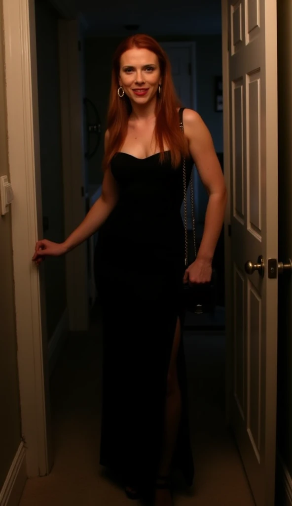 Thick redhead girl, long black dress, stairs