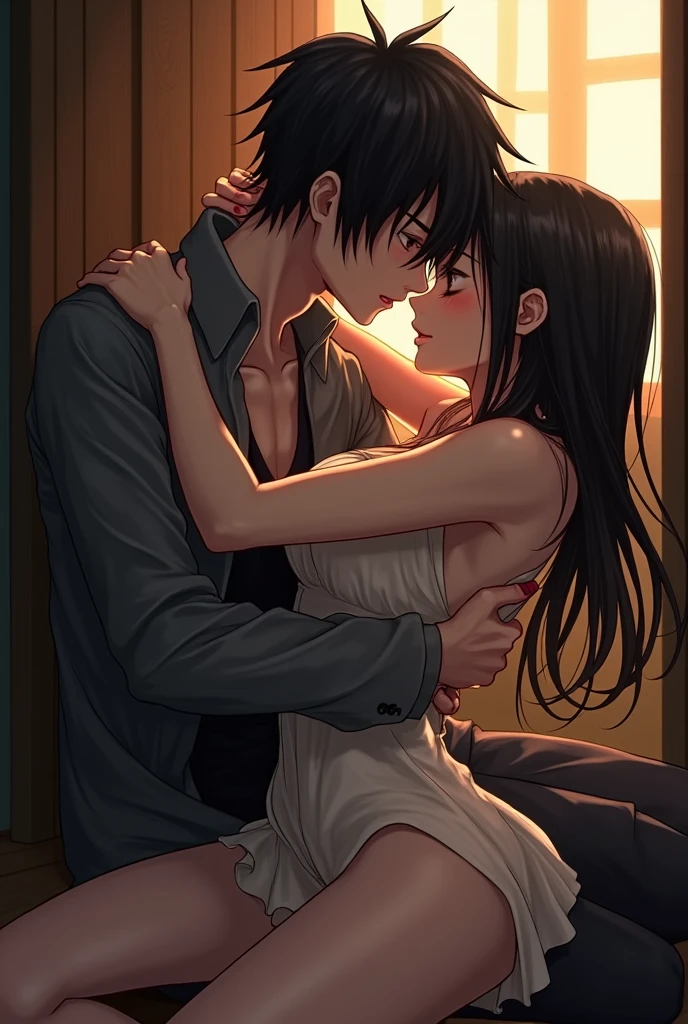 a cat man and cat woman in wet clothes standing together, 1girl, long hair, smile, short hair, shirt, black hair, 1boy, navel, jewelry, closed eyes, hetero, heart, earrings, shorts, midriff, necklace, bracelet, black shirt, facial hair, couple, denim, t-shirt, realistic