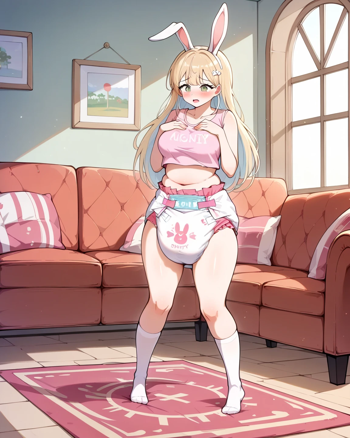 a beautiful elf woman, 18 years old with light blonde hair in a ponytail, beautiful blue eyes, small gold necklace, short denim shorts, white tank top, medium size breasts, big ass, wearing a (diaper), (Bulky Diaper), sitting in a (big soft rocking horse), at a (sorority party), (foyer), embarrassed, magical, atmospheric, spotlight, dance floor