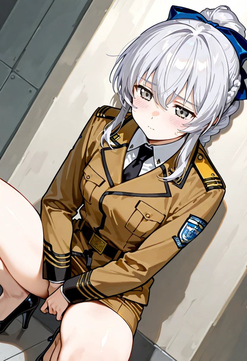 <lora:teletha_testarossa_v1:0.6> 1girl, solo, braided ponytail, single braid, grey eyes, grey hair, military uniform, black necktie, blue bow, brown skirt,highly detailed,HDR,8k resolution, best quality, perfect face, beautiful face, beautiful eyes, ((perfect female body, narrow waist)) angry, closed mouth,(panties, crotch seam:1.0),(brown pencil skirt lift by herself:1.3),standing,sweaty skin,(pussy juice:1.0), indoors, military office, (panties), nsfw,