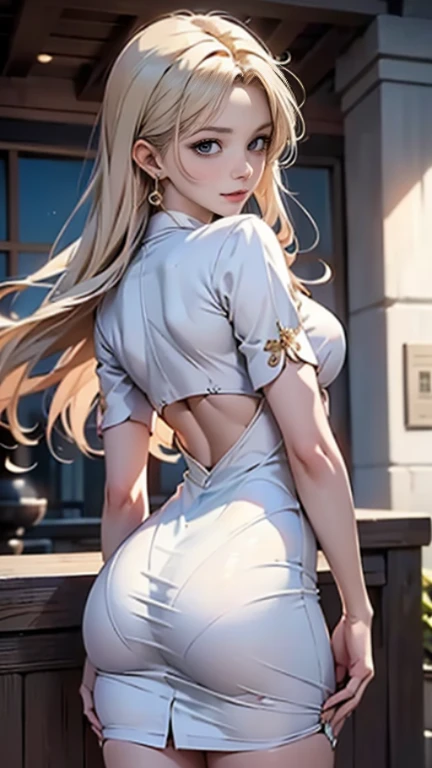 (1girl:1.3), (perky chest:1.2), ((long purply_Blue dress :1.5, wearing long flaired skirt:1.3, the skirt is blowing:1.3, cute pink Apron, black stocking:1.2,garter stocking, cleavage:1.2, midriff, black shorts, black thighhighs, thigh strap, (pointed chest:1.2),Masterpiece, Best quality, amazing beauty, [[3D]], 4K, absurdres, finely detail, super detailed eye, perfect anatomy, official art, cinematic lighting, BREAK, Island, silky long hair, long braid, white hair, super shiny detailed blue eyes, big eyes, cute eyes, thick eyebrow, Gazing Upward, open-mouth, full lips, straight teeth, rouge, False eyelashes, red lips, red round cell frame glasses, piercing, excited face, BREAK , big breasts, tall, medium, gloss skin, nibble at bread, from behind, BREAK ,kimono, BREAK,