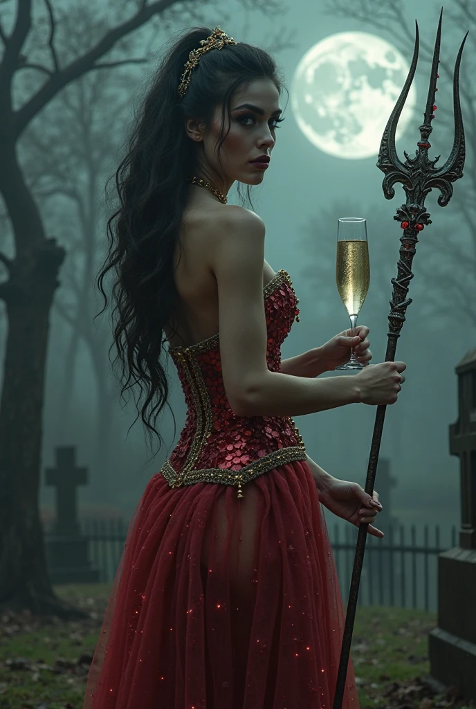 A tall sensual woman, big bust and big buttocks, 35 year old, fair skin and waist-length blonde and brown mixed hair, red and black flared dress, golden jewelry, laughing out loud, fleshy and red mouth, carrying a large golden trident, cemetery gate with full moon and fire on the ground